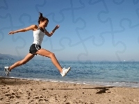 Kobieta, Podskok, Plaża, Morze, Sport