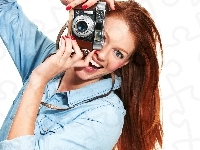 Kobieta, Fotograficzny, Piękna, Rudowłosa, Aparat