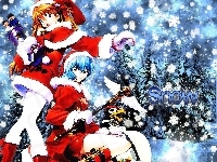 kobiety, Neon Genesis Evangelion, snow, choinka