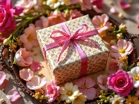 Pudełko, Kokarda, Prezent, Taca, Kwiaty