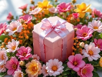 Różowe, Kokarda, Pudełko, Prezent, Kwiaty