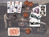 bolid, koła, karty, kask , Formuła 1, opony, spojler