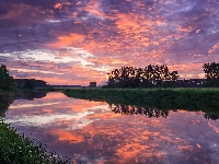 Trawa, Rzeka, Odbicie, Polska, Chmury, Narew, Kolorowe, Drzewa, Zachód słońca, Niebo