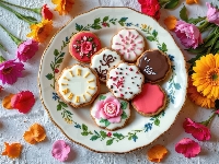 Białe, Tło, Gerbery, Ciasteczka, Talerz, Kwiaty, Udekorowane, Kolorowe