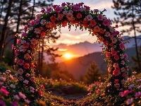 Drzewa, Kwiatowy, Góry, Kwiaty, Zachód słońca, Łuk, Kolorowe