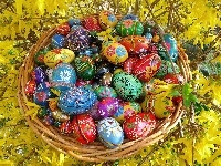Kolorowe, Forsycja, Wielkanoc, Kosz, Pisanki