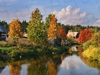 Kolorowe, Zabudowania, Jesień, Rzeczka, Las, Drzewa