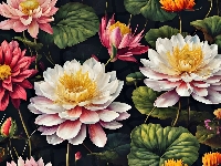 Lilie wodne, Kwiaty, Kolorowe, Grafika, Liście
