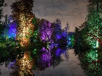 Kolorowe, Zmierzch, Park, Staw, Światła