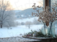 Bombka, Zima, Gałązka, Kompozycja, Rośliny, Wazony, Szyszka