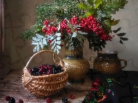 Maliny, Wazon, Koszyk, Kompozycja, Jarzębina, Kwiaty, Jeżyny