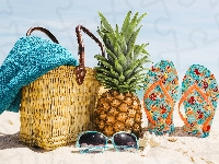 Ananas, Lato, Okulary, Kompozycja, Koszyk, Plaża, Japonki
