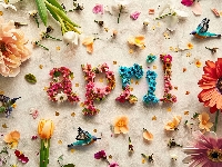 Kwiaty, Kompozycja, Wiosenne, April, Napis