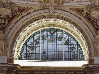 Waszyngton, Stany Zjednoczpne, Library of Congress, Witraż, Posągi, Biblioteka Kongresu, Okno, Czytelnia