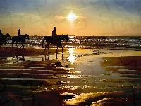 Konie, Zachód, Morze, Plaża, Dżokeje