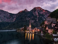 Domy, Hallstatt, Austria, Kościół, Góry, Jezioro Hallstattersee