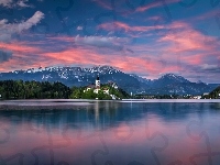 Kościół, Jezioro, Słowenia, Góry, Bled, Świt