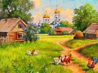 Kościół, Wioska, Domy, Dróżka