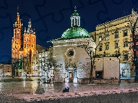 Kościół Świętego Wojciecha, Polska, Bazylika Mariacka, Kamienice, Rynek, Kraków, Noc