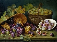 Kosze, Śliwki, Owoce, Winogrona, Stół