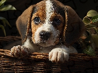 Beagle, Pies, Szczeniak, Koszyk