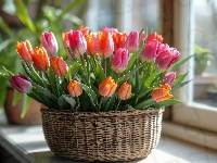 Koszyk Kwiat, Bukiet, Tulipany, Tulipan, Kolorowe, Kwiaty, Bukiet Kwiatów
