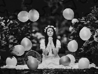 Wianek, Koszyk, Czarno-Białe, Balony, Kobieta, Kwiaty, Rękawiczki