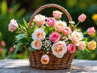 Wiklinowy, Kwiaty, Róże, Koszyk