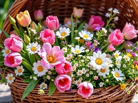 Bukiet, Kwiaty, Wiosenny, Grafika AI, Stokrotki, Tulipany, Koszyk