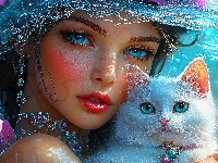 Oczy, Biały, Kobieta, Kot, Grafika AI, Niebieskie