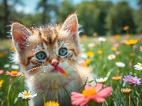 Kwiaty, Kot, Łąka, Grafika AI