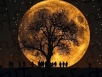 Obraz, Planeta, Niebo, Elipsa, Noc, Krajobraz, Galaktyka, Ludzie, Gwiazdy, Drzewo, Przestrzeń, Atmosfera, Zaćmienie księżyca, Niebiański, Księżyc, Grafika Kosmos