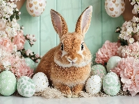 Wielkanoc, Królik, Rudy, Kwiaty, Pisanki