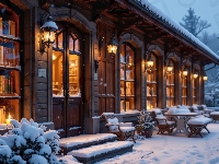 Krzesła, Zima, Śnieg, AI, Półki, Ośnieżone, Drzewa, Książki, Biblioteka, Dom