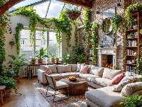 Salon, Krzesła, Kanapa, Kwiaty, Kominek