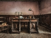 Krzesło, Pomieszczenie, Lampa, Zaniedbane, Biurko, Waga