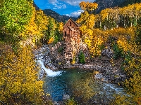 Krzewy, Rzeka, Drzewa, Kolorado, Młyn, Jesień, Stany Zjednoczone, Crystal Mill