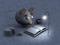 Książka, Lampka, 3D, Myszka, Filiżanka