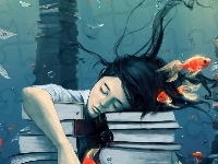 Książki, Śpiąca, Dziewczyna, Rybki