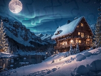 Zima, Księżyc, Dom, 2D, Góry