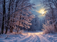 Las, Zima, Drzewa, Grafika AI, Droga, Ośnieżona, Księżyc