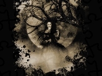 Księżyc, Grafika, Kobieta, Drzewa