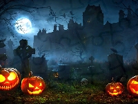 Zamek, Halloween, Mgła, Księżyc, Dynie, Cmentarz, Noc