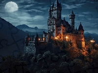 Zamek, Księżyc, Noc, Grafika, Góry