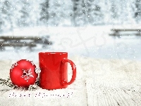 Napis, Kubek, Śnieg, Czerwony, Bombka, Happy Holidays