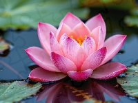 Różowy, Lilia wodna, Kwiat, Liście, Woda