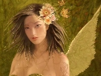 Kwiatki, Kobieta, Anioł, Motyle