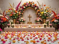 Kwiaty, Ołtarzyk, Bukiety, Kwiatów, Świece, Krzyż, Płatki