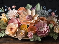 Bukiet, Kwiatów, Kolorowych, Deski, Liście