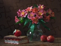 Kwiatów, Książki, Bukiet, Różowych, Jabłka